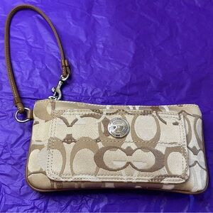 Coach Signature Beige and Brown Wristlet 7.5” x 3.5”